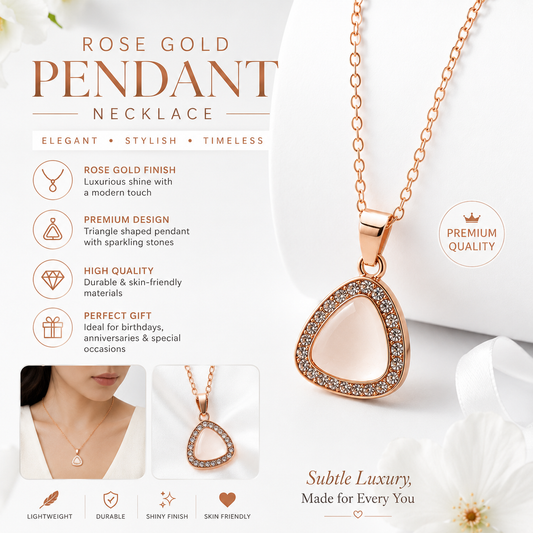 Rose Gold Triangle Crystal Pendant Necklace for Women – Elegant Geometric Stone Studded Fashion Jewelry Gift