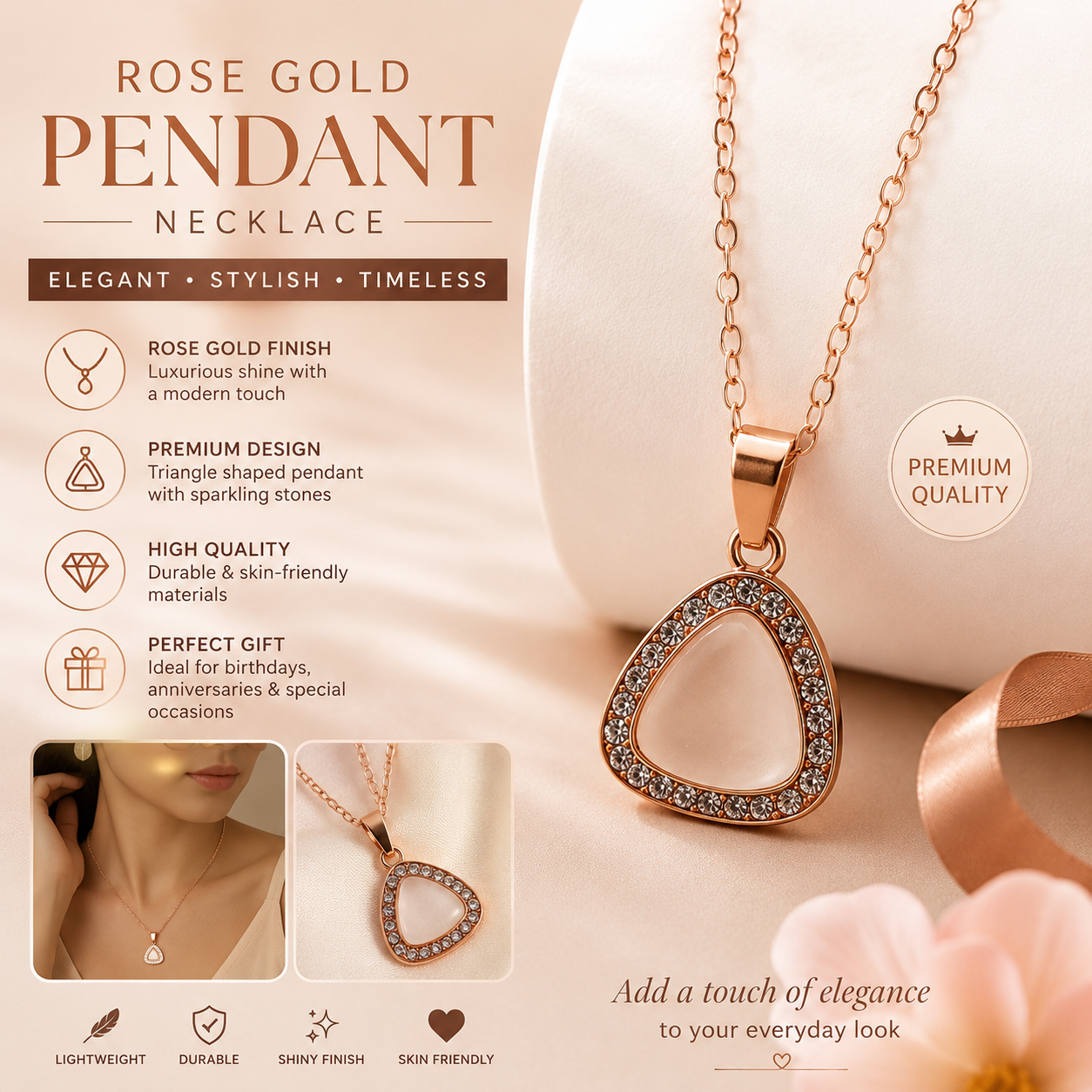 Rose Gold Triangle Crystal Pendant Necklace for Women – Elegant Geometric Stone Studded Fashion Jewelry Gift