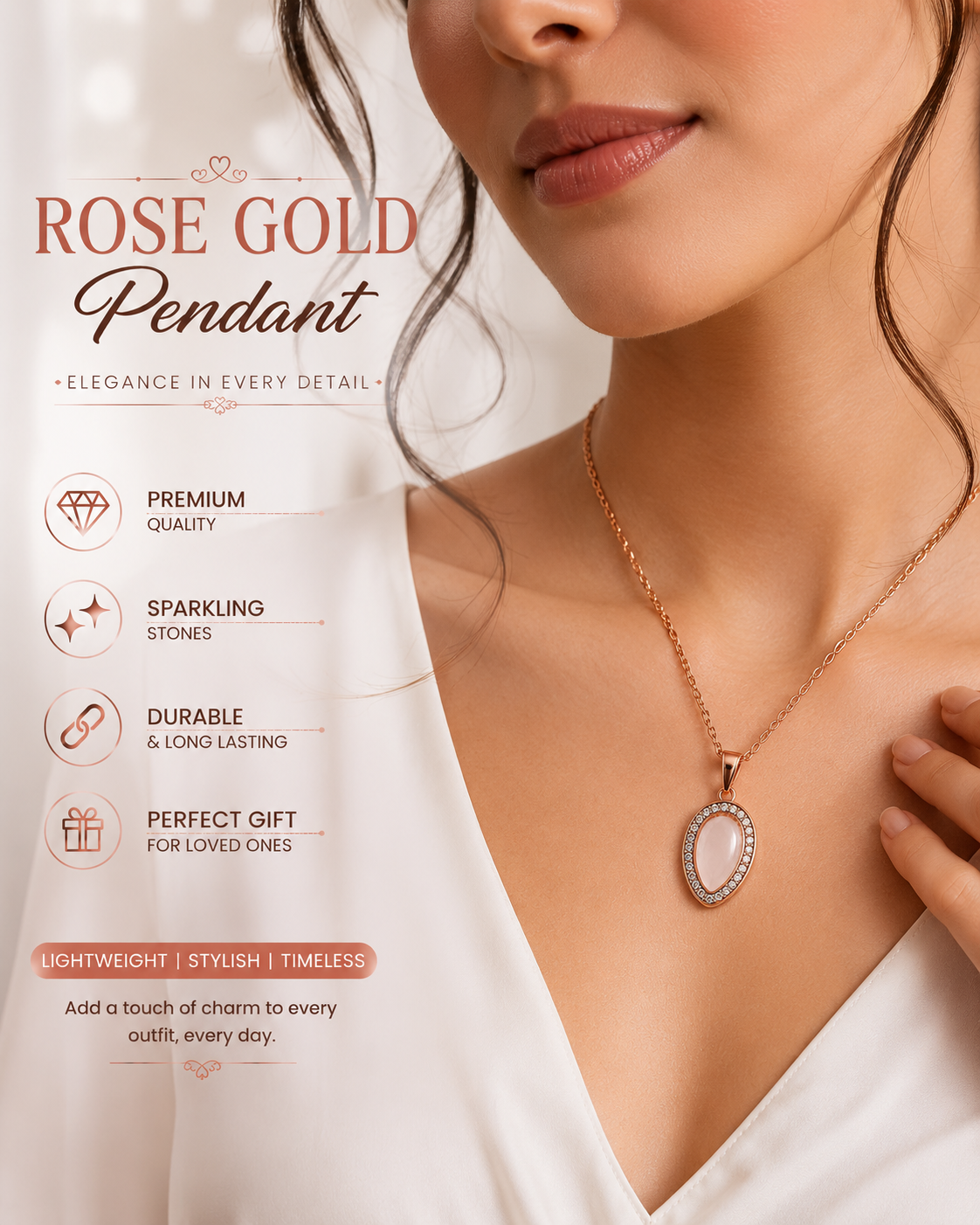 Elegant Rose Gold Teardrop Crystal Pendant Necklace for Women | Premium Fashion Jewelry Gift