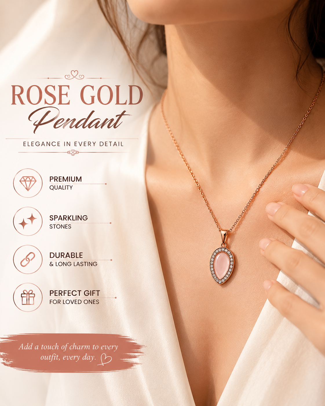 Elegant Rose Gold Teardrop Crystal Pendant Necklace for Women | Premium Fashion Jewelry Gift