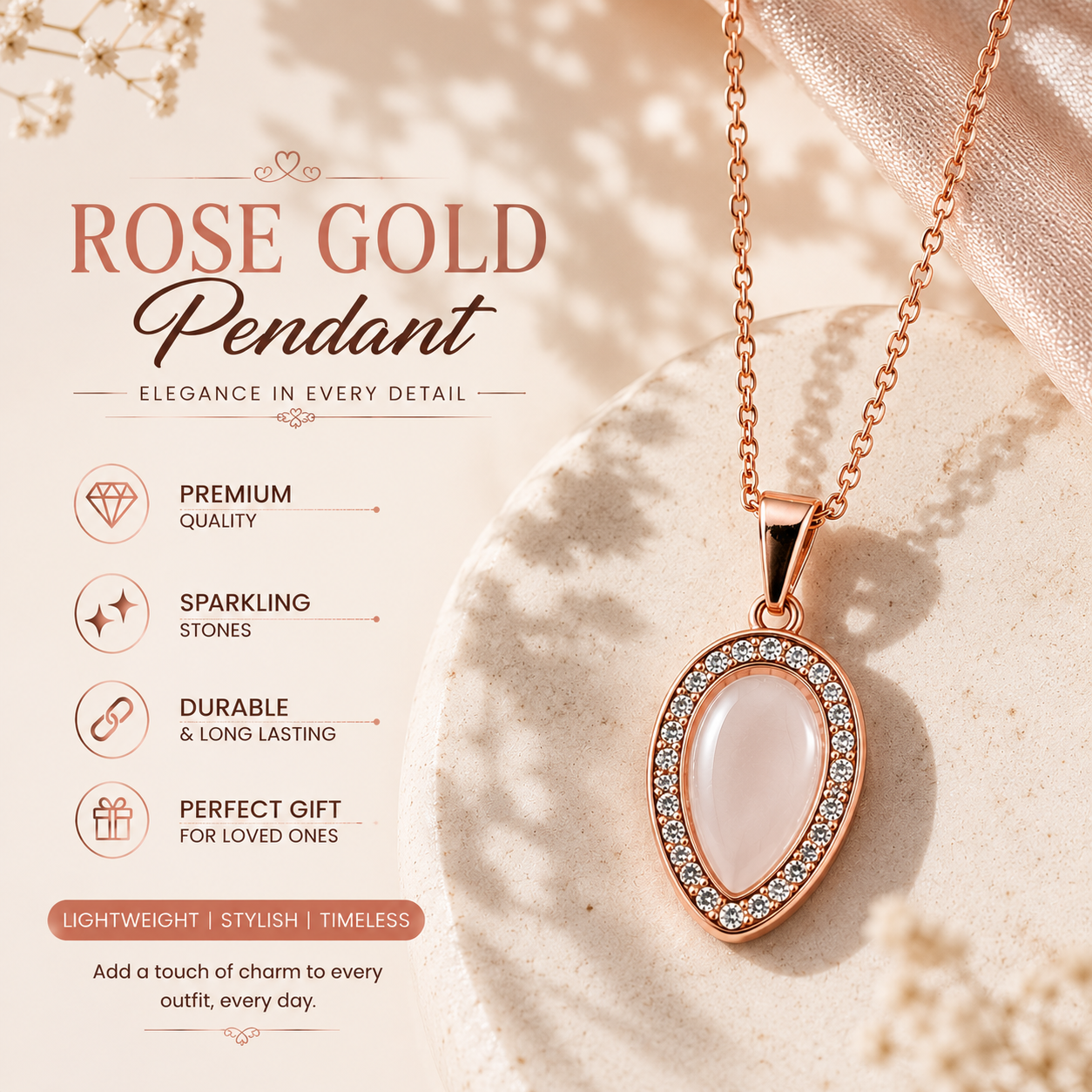 Elegant Rose Gold Teardrop Crystal Pendant Necklace for Women | Premium Fashion Jewelry Gift