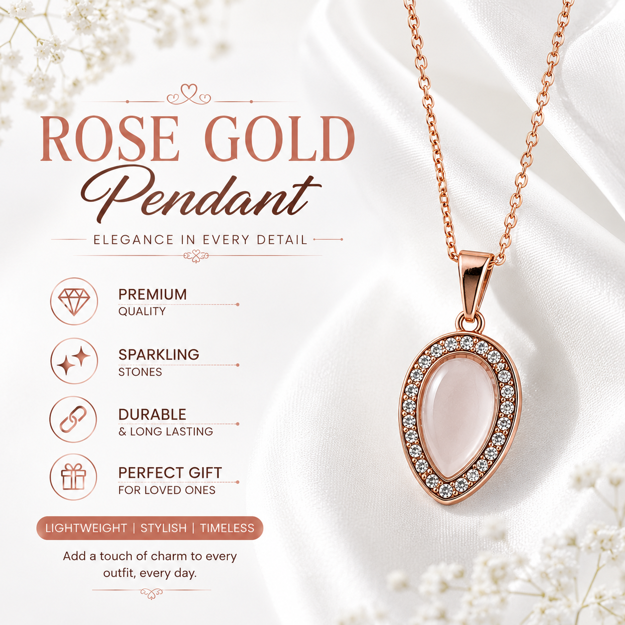 Elegant Rose Gold Teardrop Crystal Pendant Necklace for Women | Premium Fashion Jewelry Gift