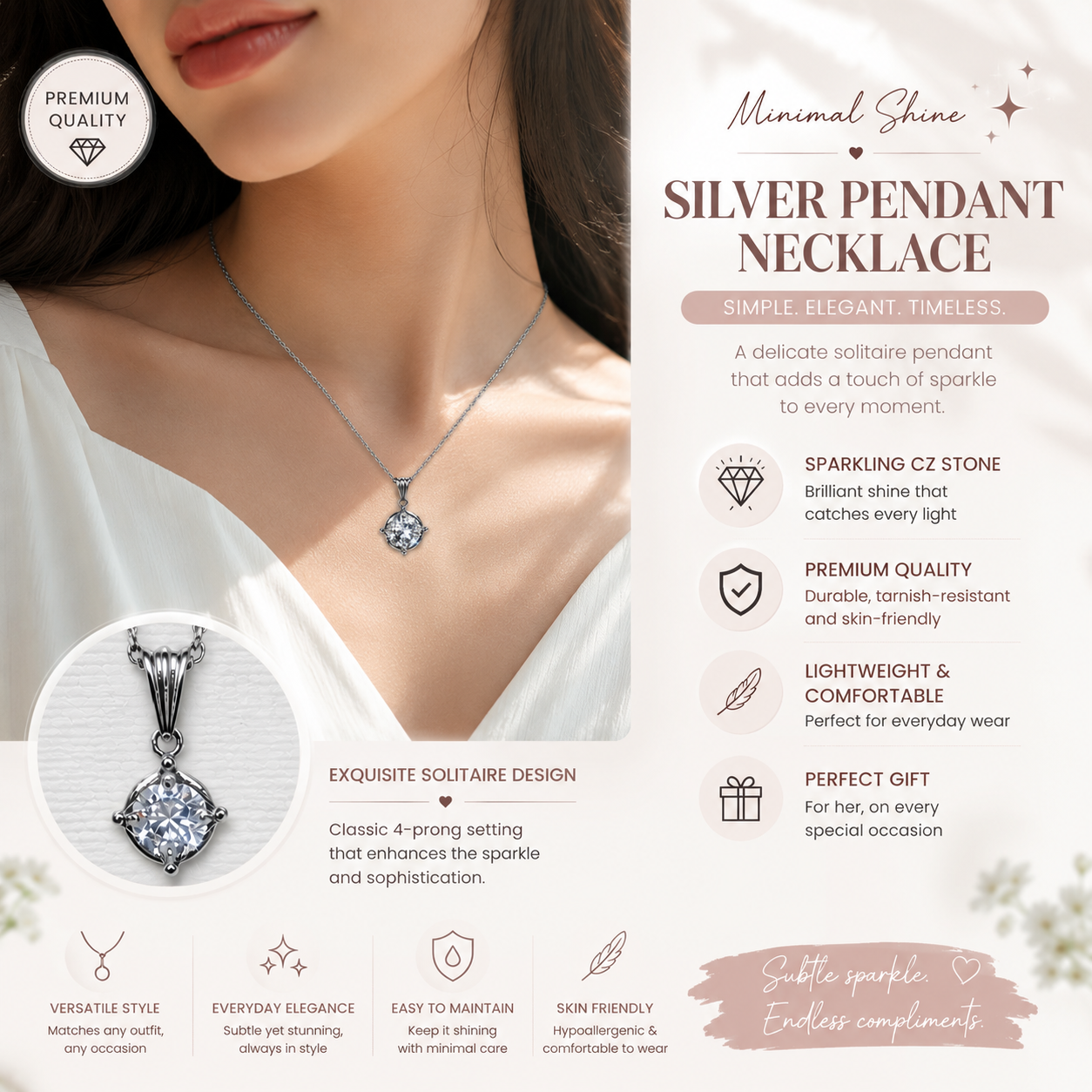 Elegant Silver Solitaire CZ Pendant Necklace for Women | Minimalist Sparkling Chain Jewelry