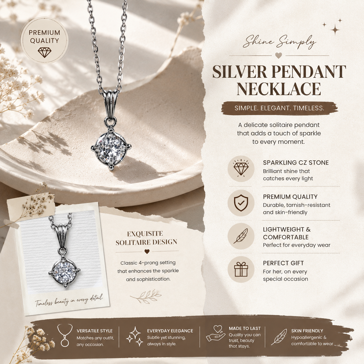 Elegant Silver Solitaire CZ Pendant Necklace for Women | Minimalist Sparkling Chain Jewelry