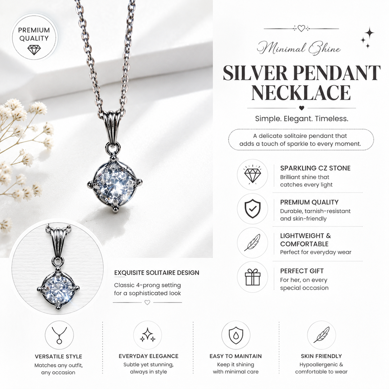 Elegant Silver Solitaire CZ Pendant Necklace for Women | Minimalist Sparkling Chain Jewelry