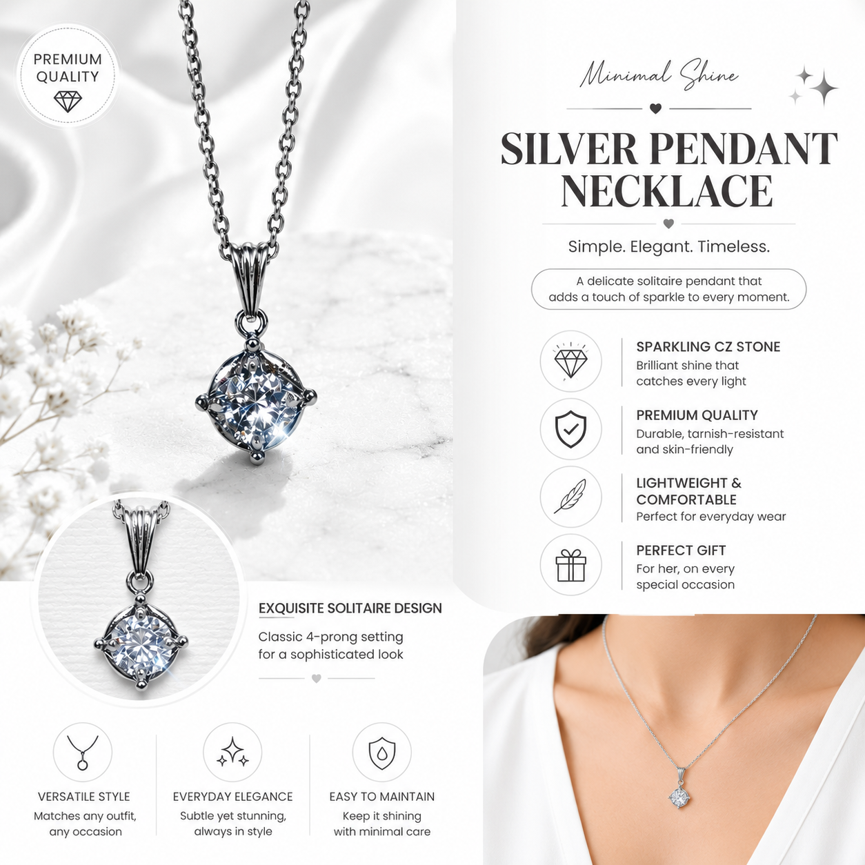 Elegant Silver Solitaire CZ Pendant Necklace for Women | Minimalist Sparkling Chain Jewelry