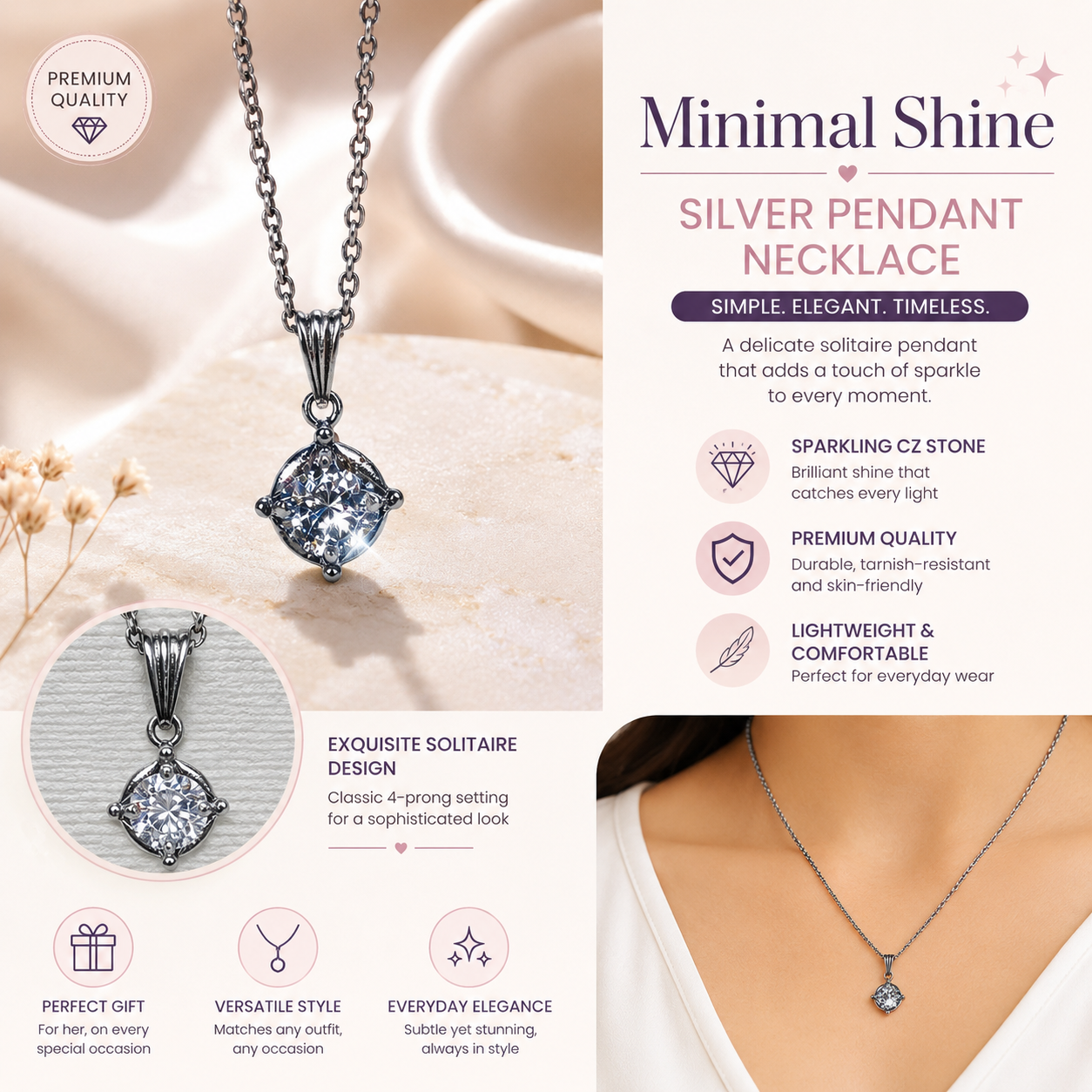 Elegant Silver Solitaire CZ Pendant Necklace for Women | Minimalist Sparkling Chain Jewelry