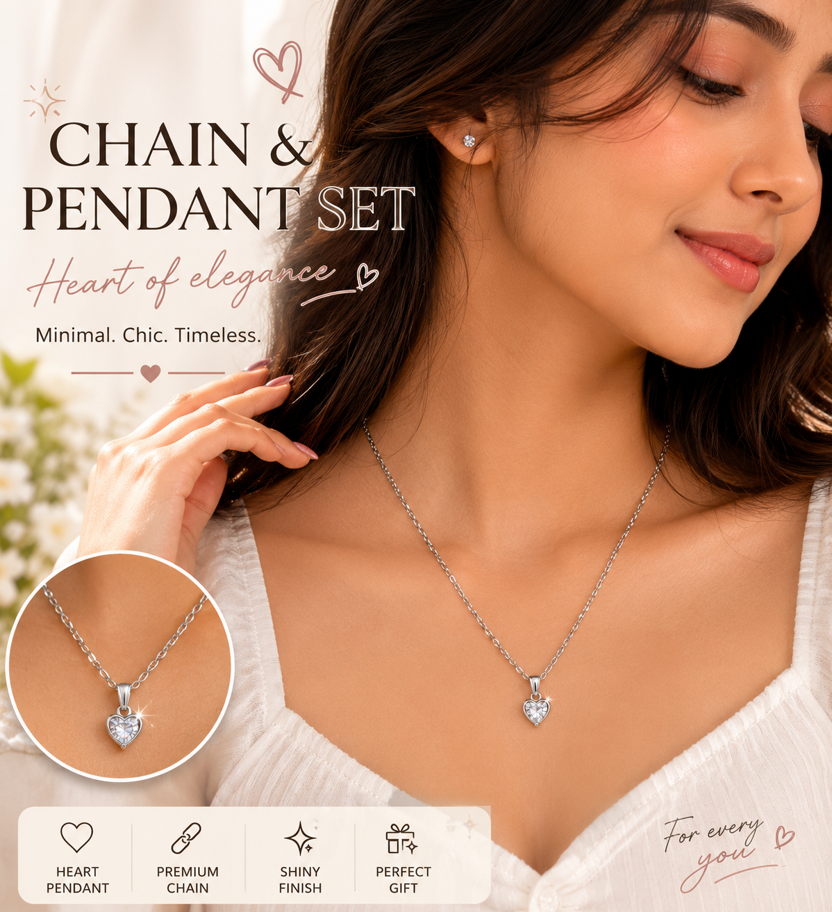 Women Heart Shape Crystal Pendant Chain Necklace | Elegant Fashion Jewellery for Girls & Women | Daily Wear & Gift Collection
