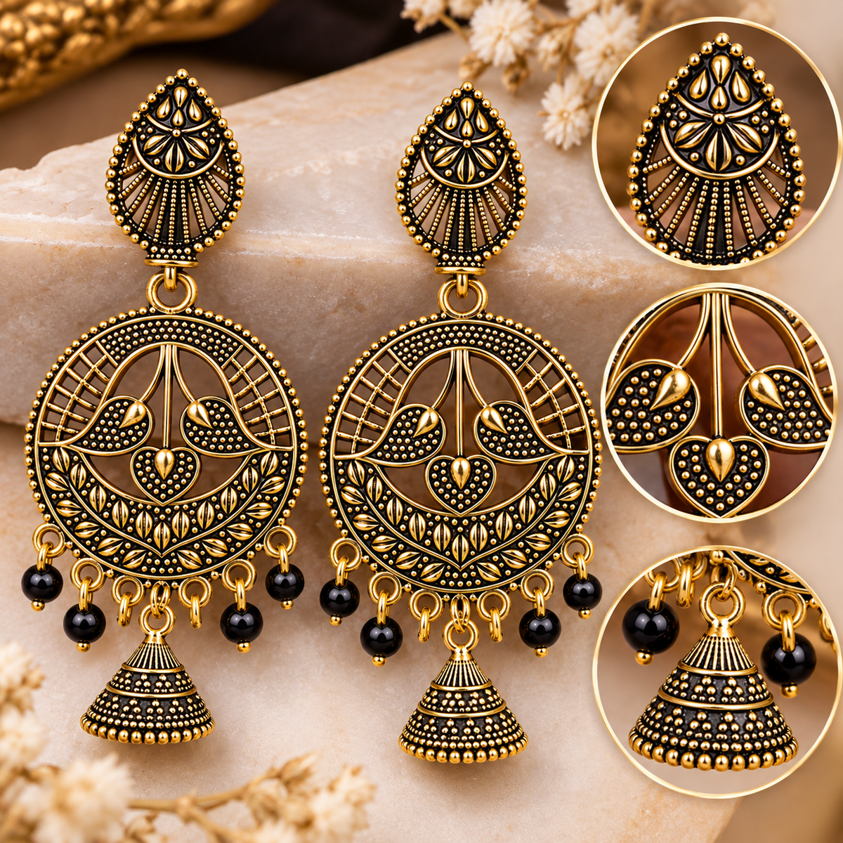 JH-102 antique gold jhumka close-up details