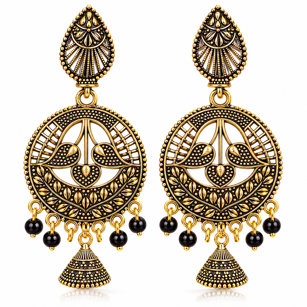 Antique gold black bead jhumka earrings JH-102 on white background