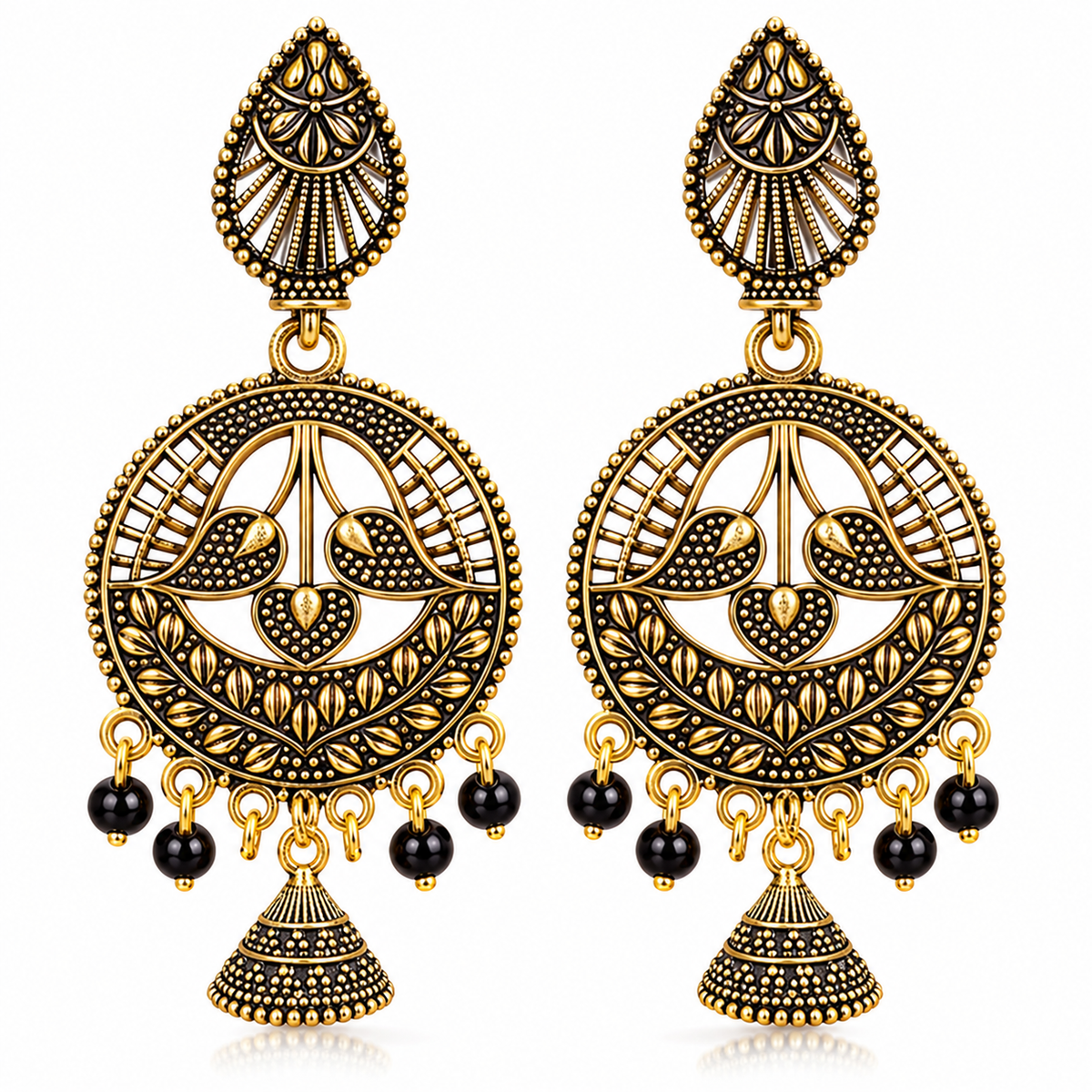 Antique gold black bead jhumka earrings JH-102 on white background