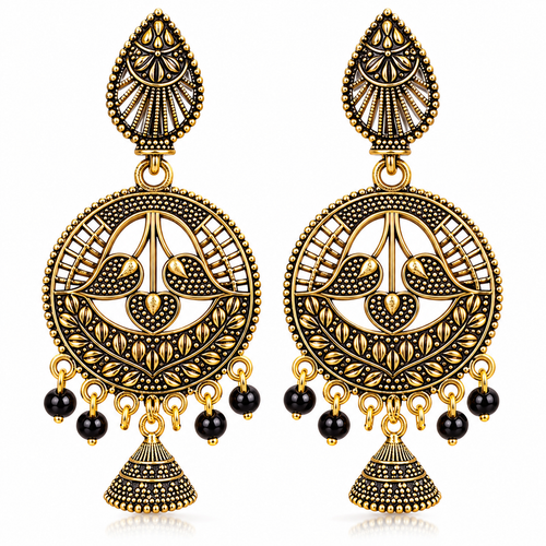 Antique gold black bead jhumka earrings JH-102 on white background