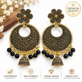 Oxidised gold-tone jhumka earrings with floral studs and black beads