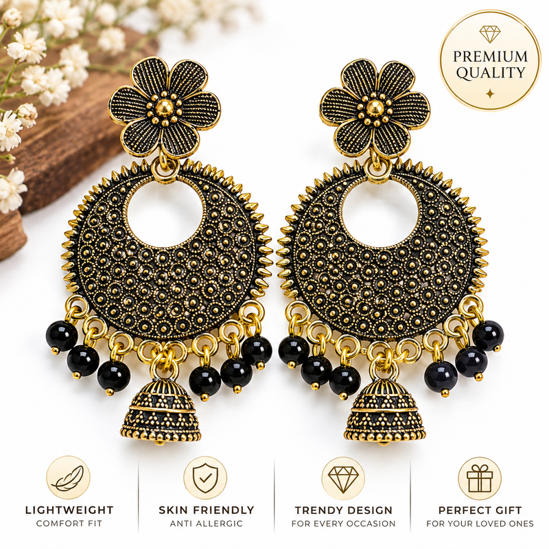 Ecloria Jewels Oxidised Gold Tone Black Bead Floral Jhumka Earrings for Women