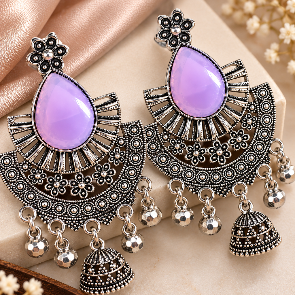 Lavender chandbali earrings detailed close-up