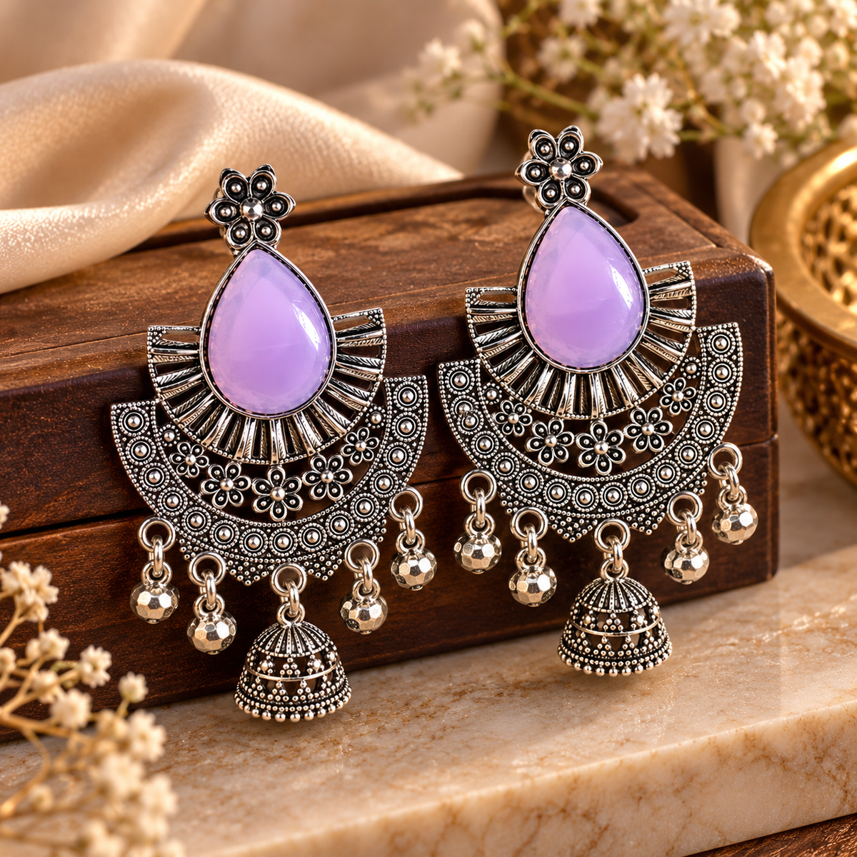 Lavender chandbali earrings lifestyle photo