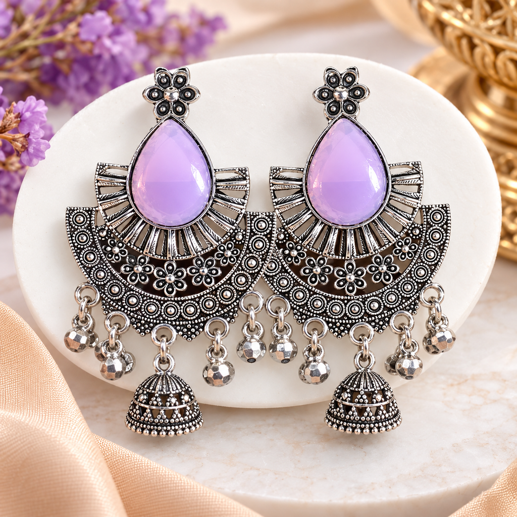 Lavender oxidised silver chandbali earrings front view
