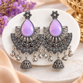 Lavender oxidised silver chandbali earrings front view
