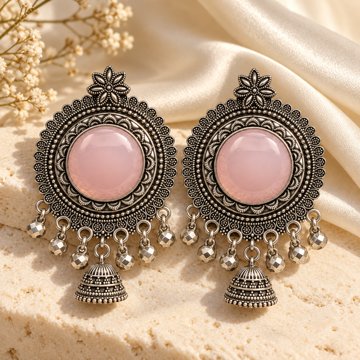 Pink floral jhumka earrings lifestyle