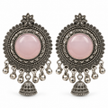 Pink stone oxidised silver floral jhumka earrings – pair