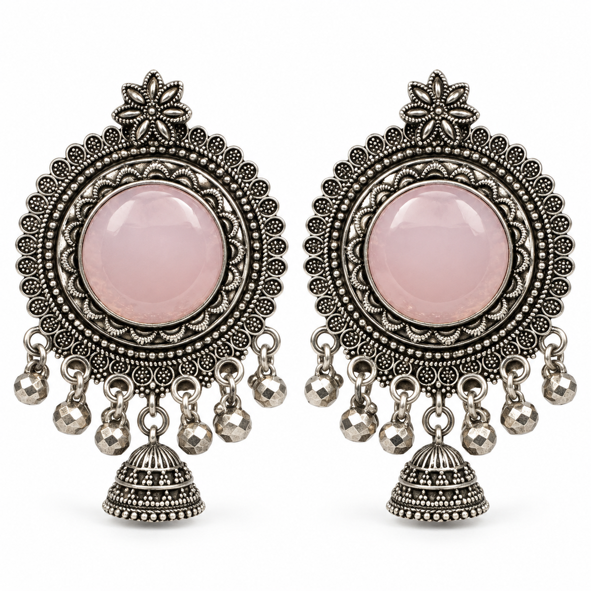 Pink stone oxidised silver floral jhumka earrings – pair