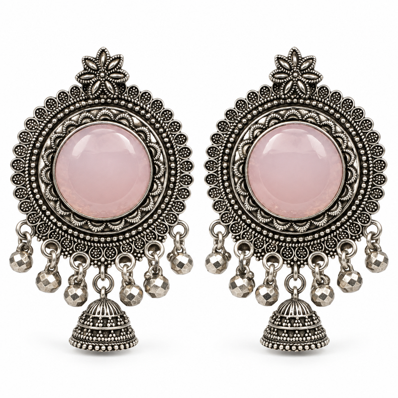 Pink Stone Oxidised Silver Tone Floral Jhumka Earrings – 1 Pair