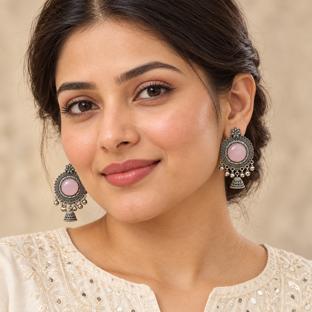 Pink floral jhumka earrings model