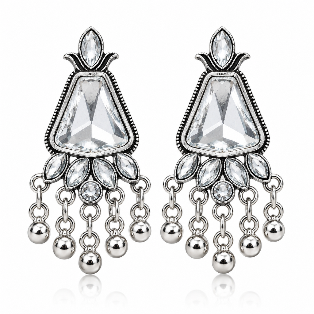 Silver-toned crystal look chandelier earrings front view