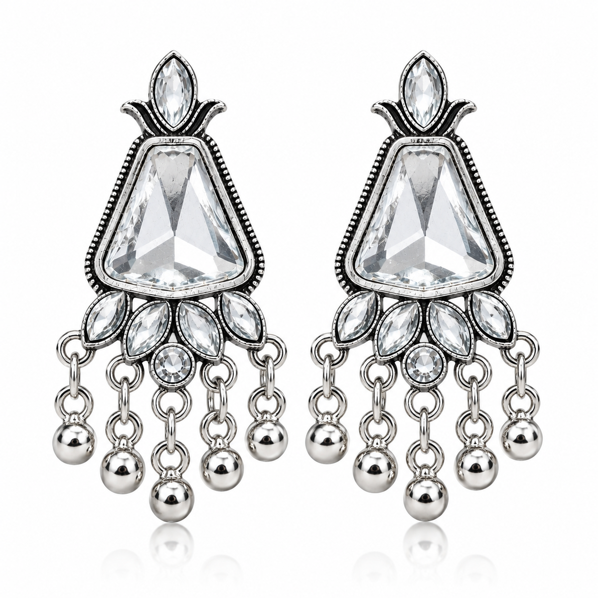 Silver-toned crystal look chandelier earrings front view