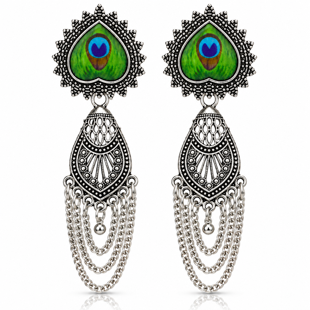 Peacock motif oxidised silver earrings on white background