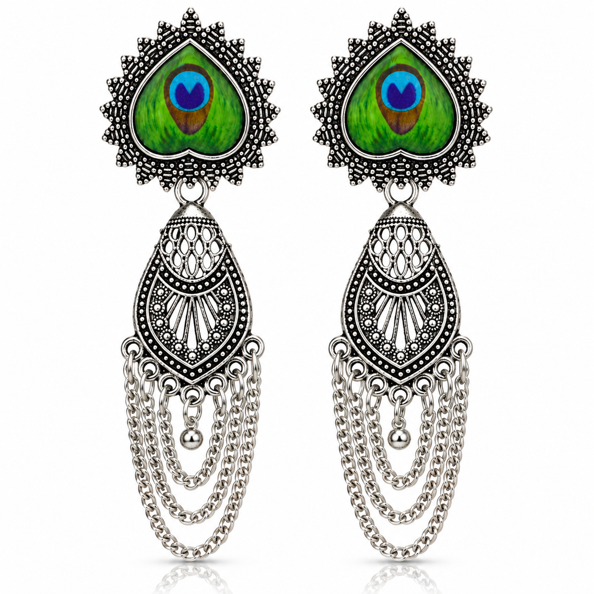 Peacock motif oxidised silver earrings on white background