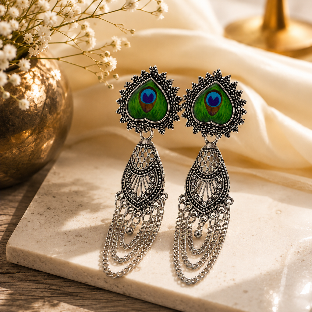 Premium lifestyle photo of peacock motif earrings