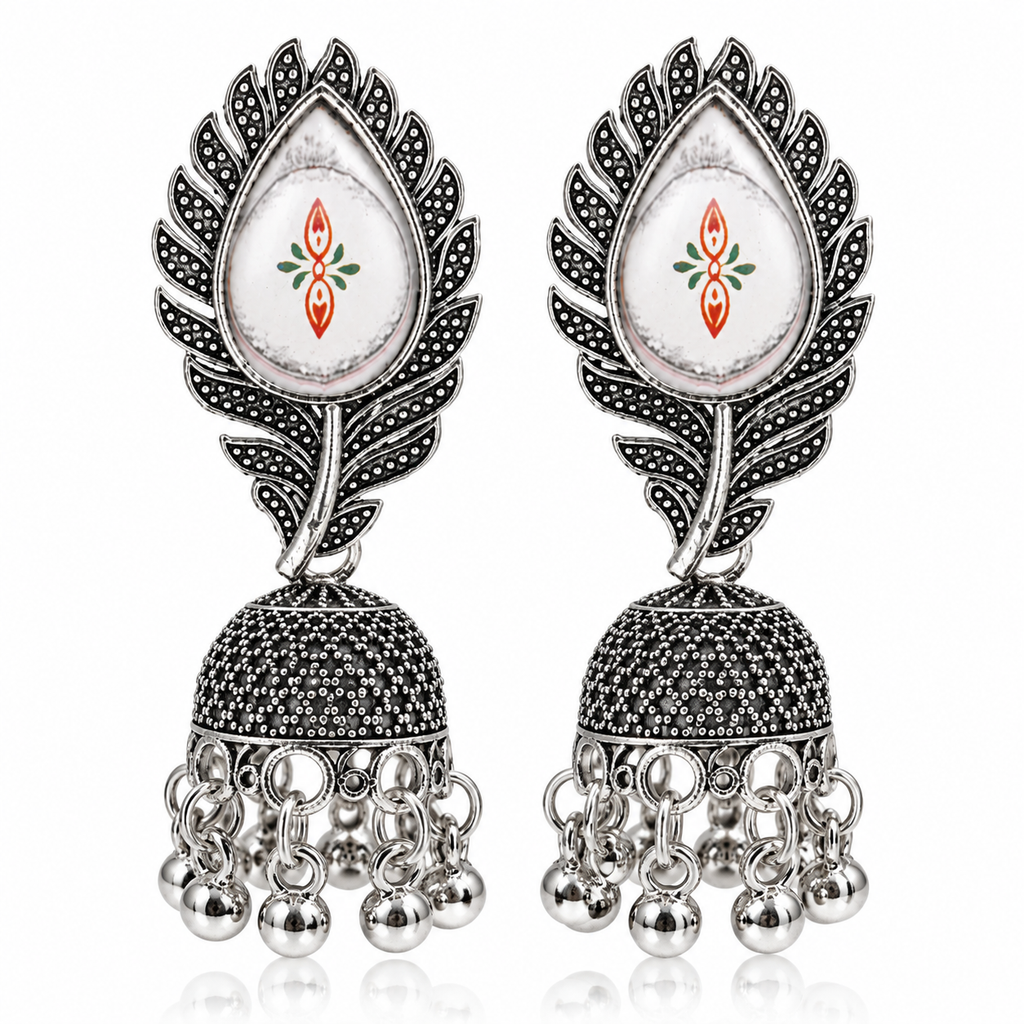 JH-61 oxidised silver floral leaf jhumka earrings front view