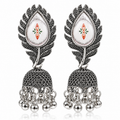 JH-61 oxidised silver floral leaf jhumka earrings front view