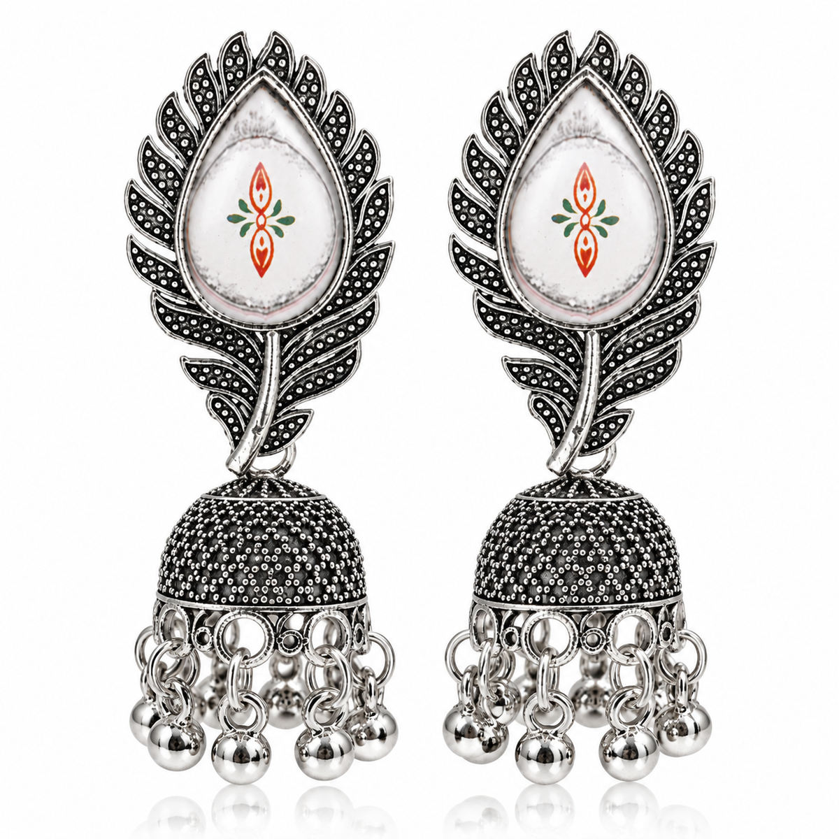 JH-61 oxidised silver floral leaf jhumka earrings front view