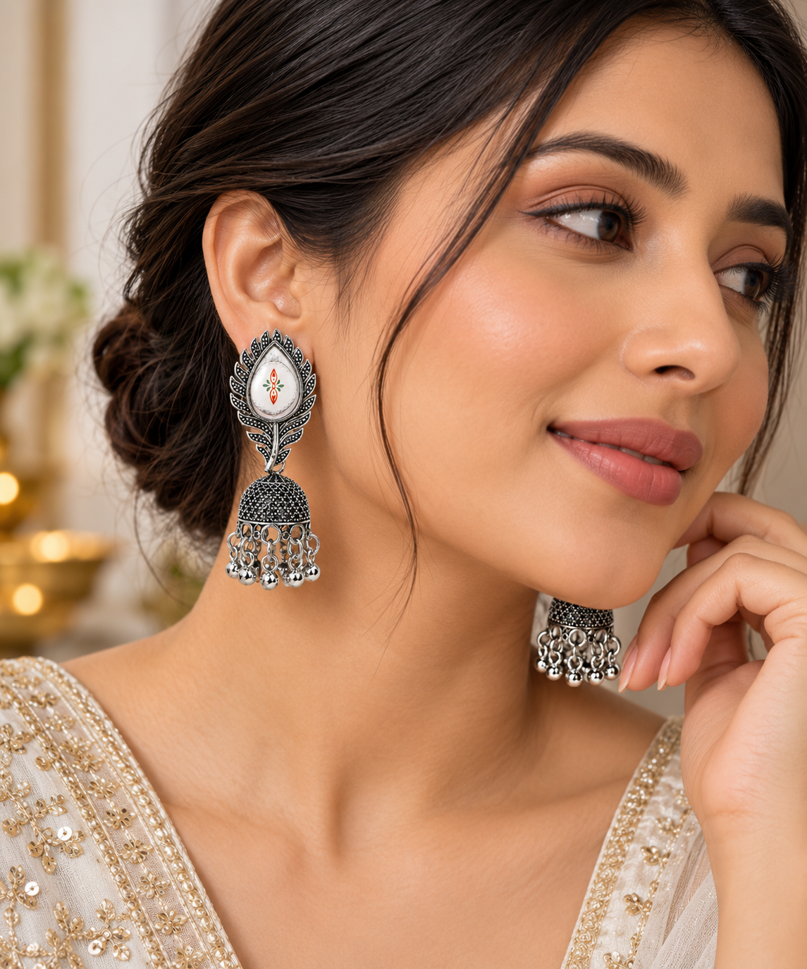 JH-61 oxidised silver earrings worn on model