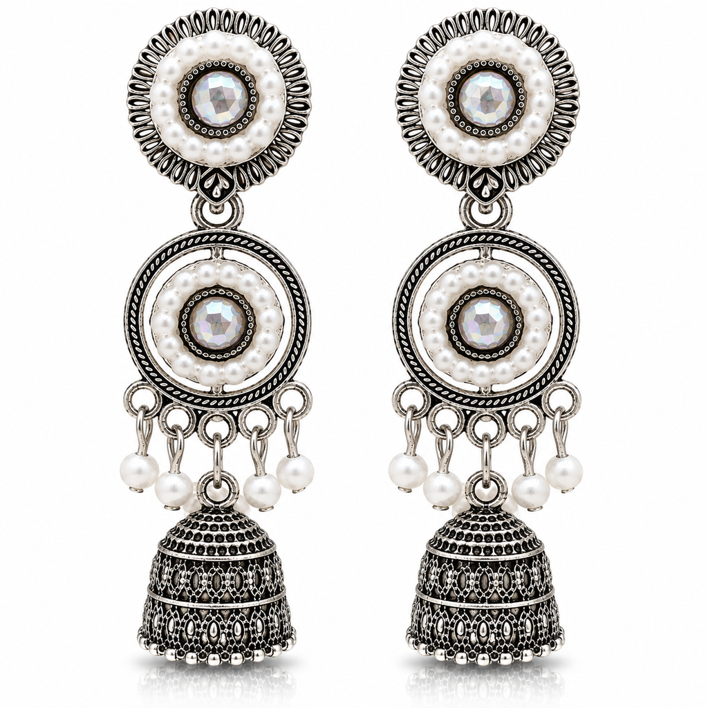 JH-67 oxidised silver pearl jhumka earrings on white