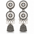 JH-67 oxidised silver pearl jhumka earrings on white