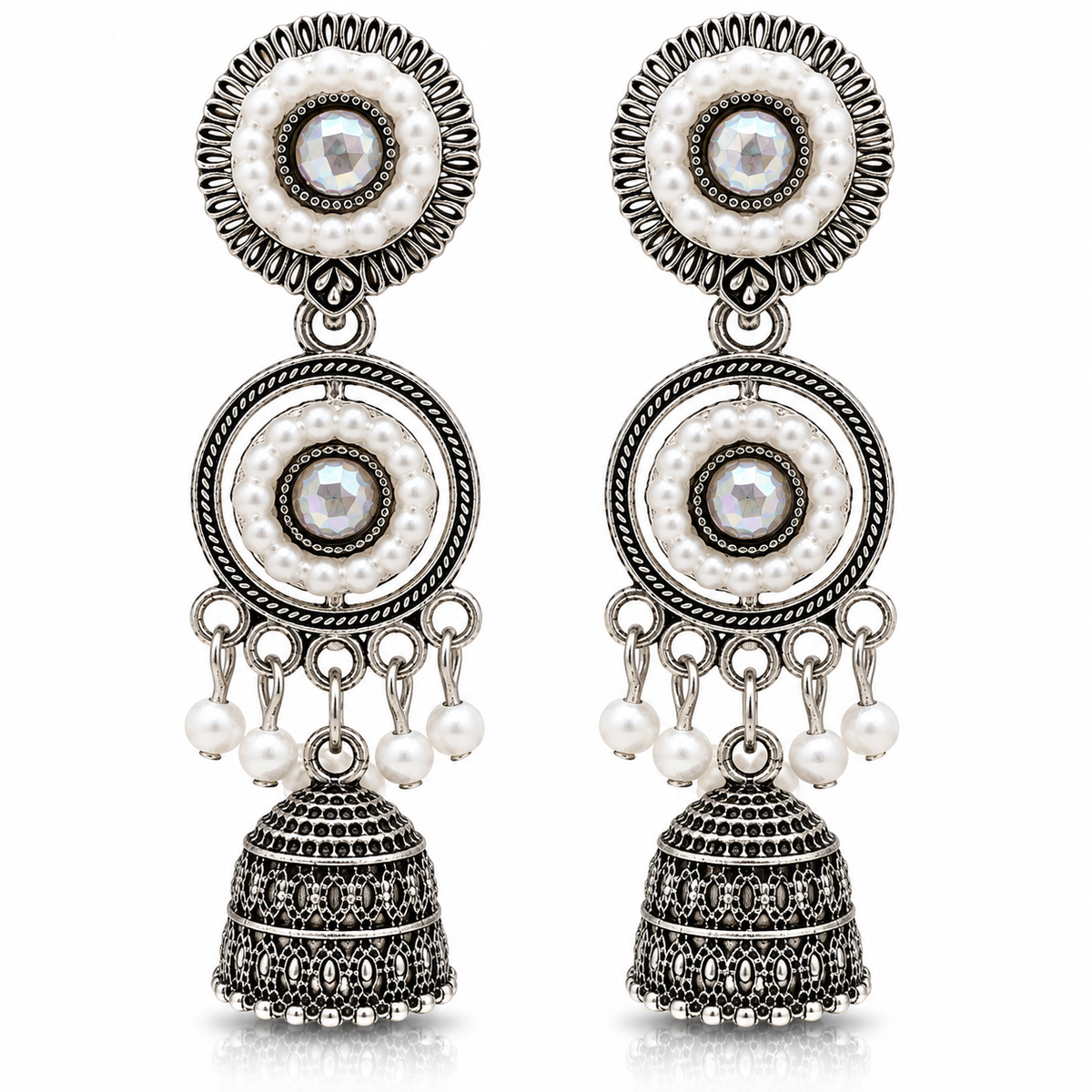 JH-67 oxidised silver pearl jhumka earrings on white