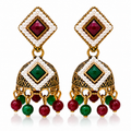 Multicolor pearl-style traditional jhumka earrings on white background
