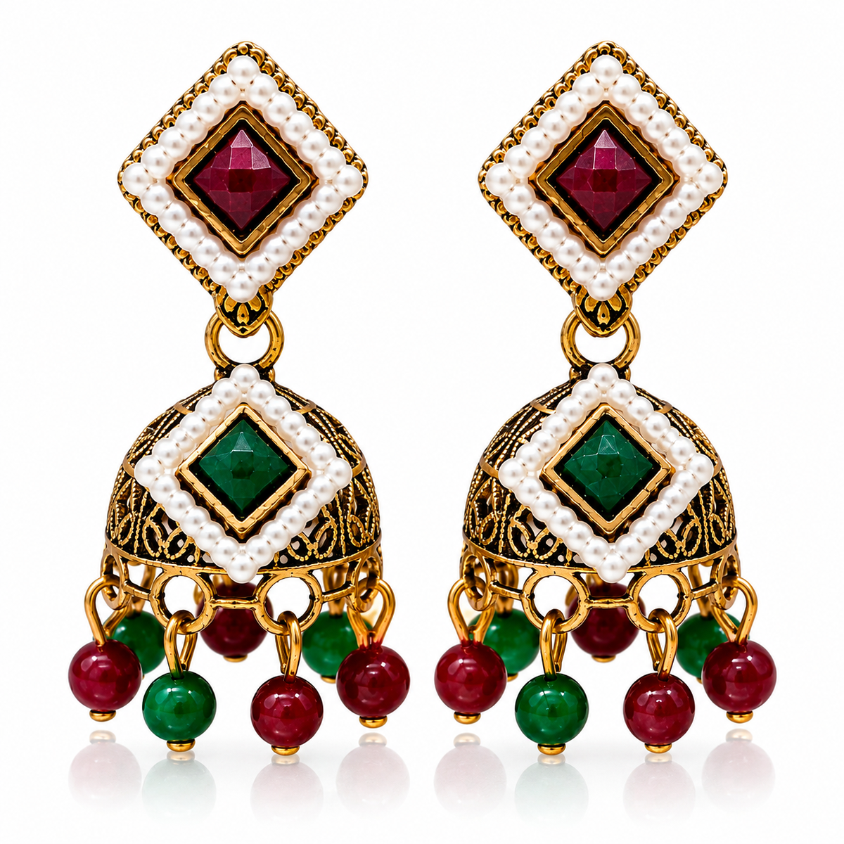 Multicolor pearl-style traditional jhumka earrings on white background