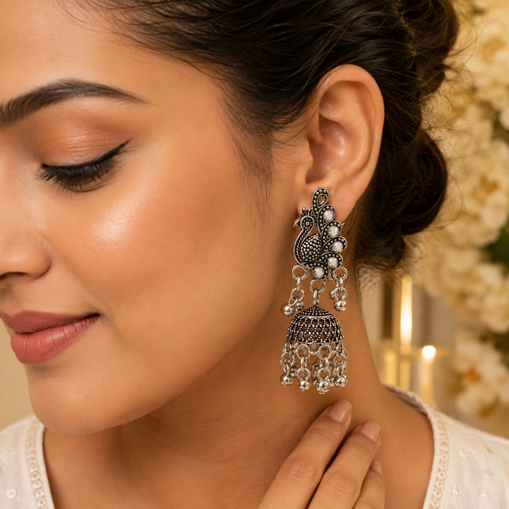 Model wearing oxidised silver peacock jhumka JH-73