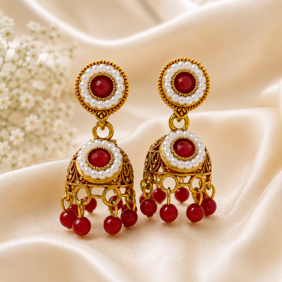 Close-up red pearl jhumka earrings