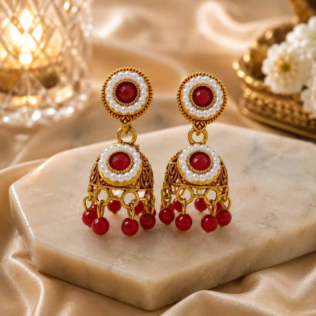 Premium lifestyle photo of red pearl jhumka earrings