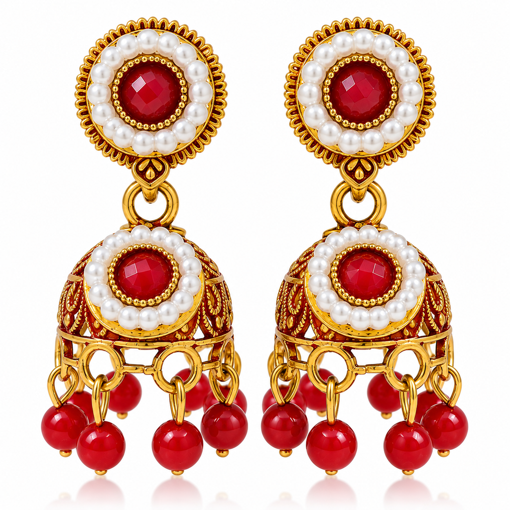 Red pearl jhumka earrings pair on white background