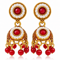 Red pearl jhumka earrings pair on white background