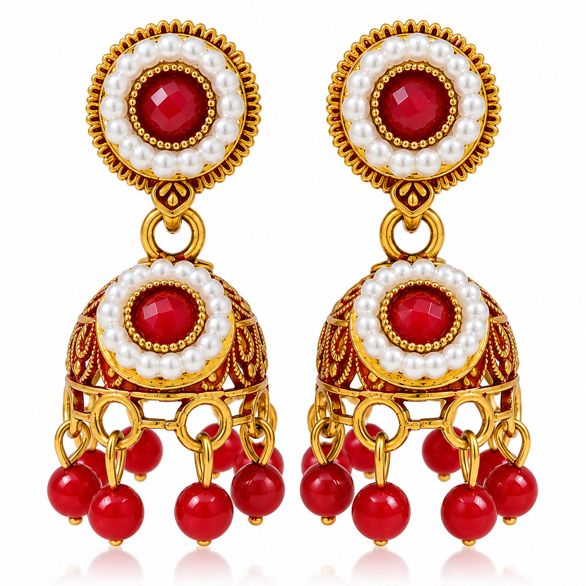 Red pearl jhumka earrings pair on white background