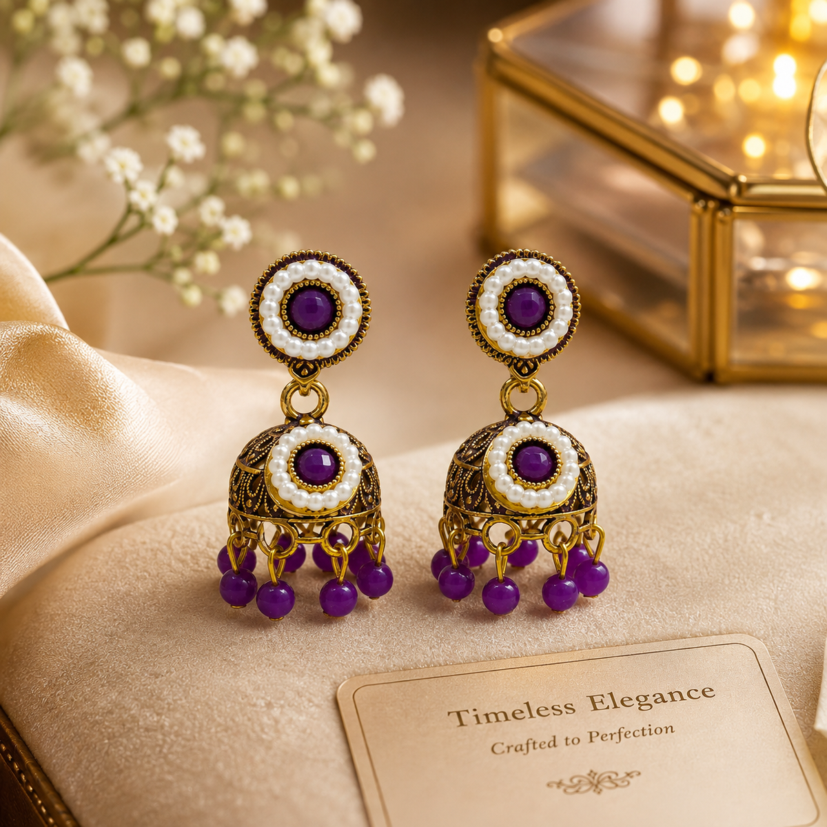 Purple jhumka earrings styled in premium lifestyle setting