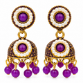Pair of purple and gold-tone pearl-style jhumka earrings on white background