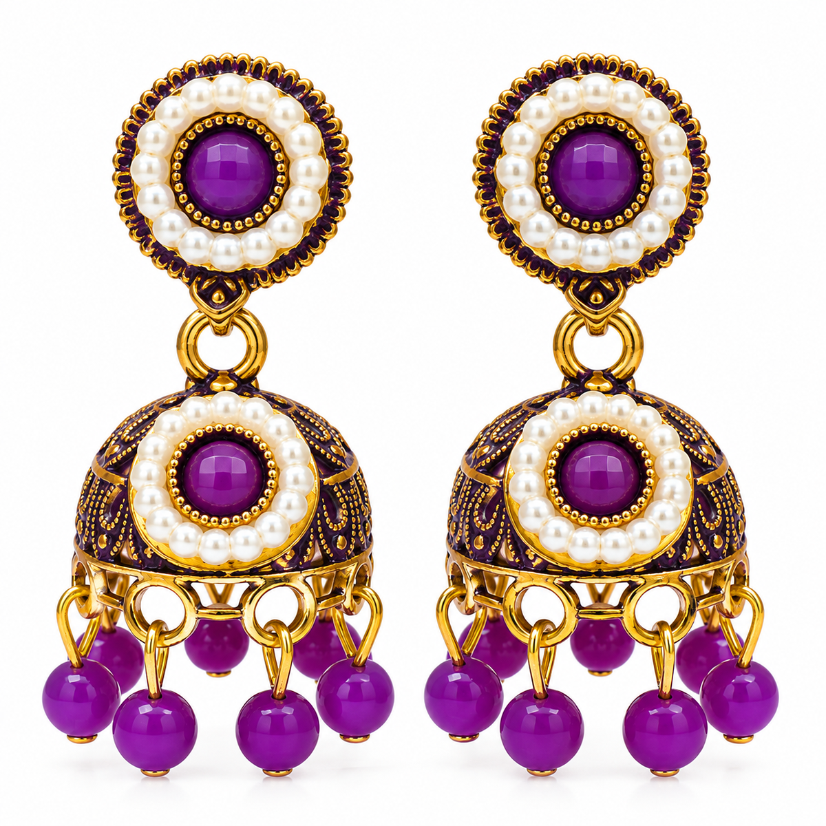 Pair of purple and gold-tone pearl-style jhumka earrings on white background